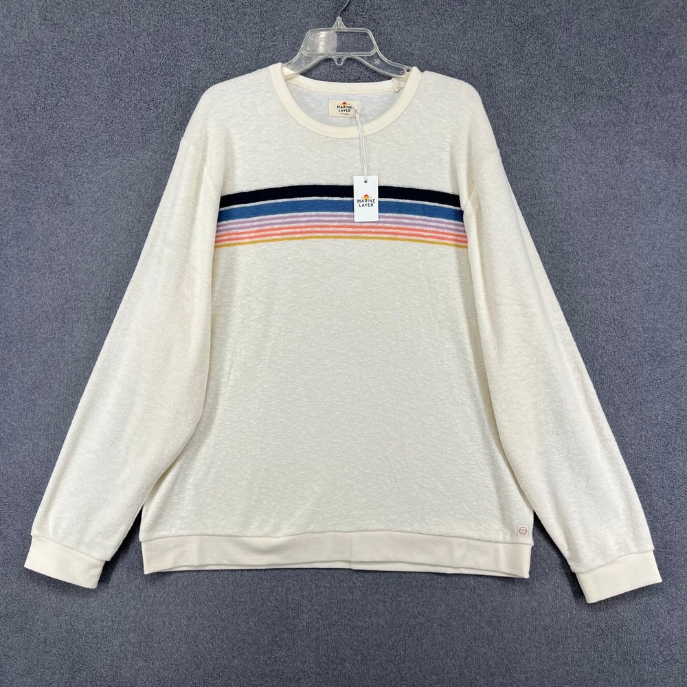 Marine Layer Towel Terry Crewneck Mens 2XL White Multi Stripe Retro Surf NWT